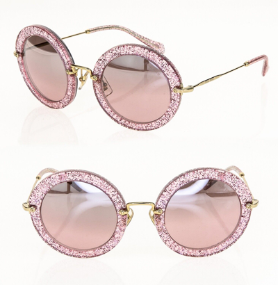 Pre-owned Miu Miu Noir 13n Pink Glitter Spark Gold Retro Round Mirrored Sunglasses Mu13ns