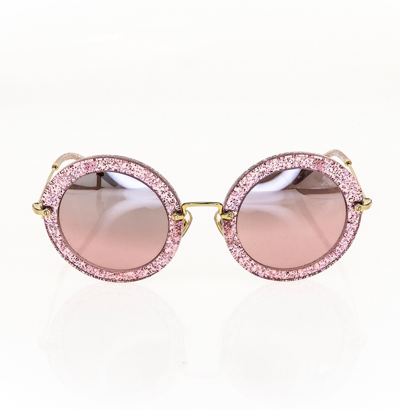 Pre-owned Miu Miu Noir 13n Pink Glitter Spark Gold Retro Round Mirrored Sunglasses Mu13ns
