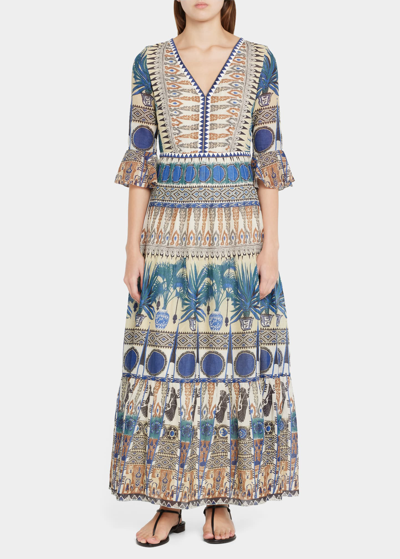 Shop Emporio Sirenuse Bella Coptic Dancer Printed Tiered Maxi Dress In Blue