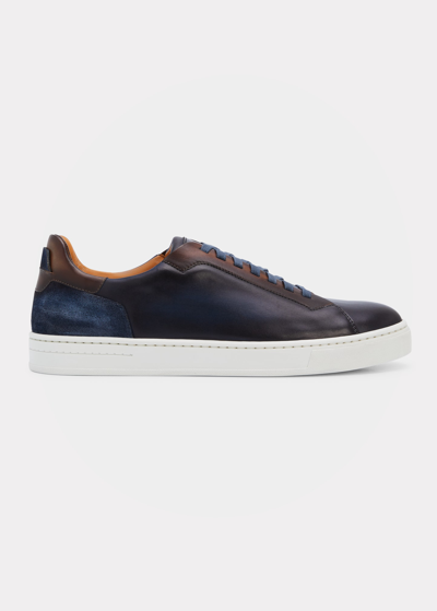 Shop Magnanni Men's Amadeo Burnished Leather Low-top Sneakers In Navy