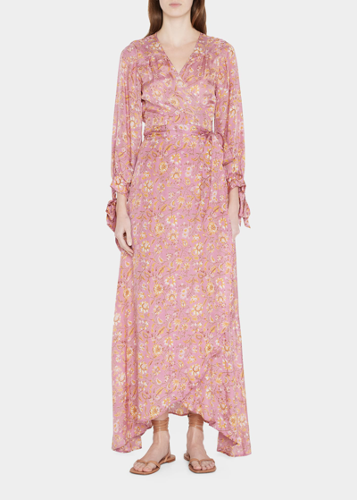 Shop Hannah Artwear Luna Floral Silk Tie-cuff Maxi Wrap Dress In Sunrose