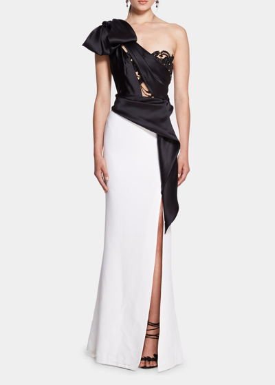 Shop Marchesa Mixed Media One-shoulder Bow Gown In Black White