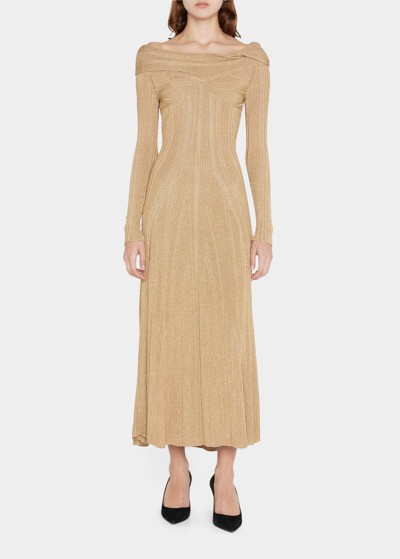 Shop Jason Wu Collection Twisted Off-the-shoulder Metallic Rib Midi Sweater Dress In Gold