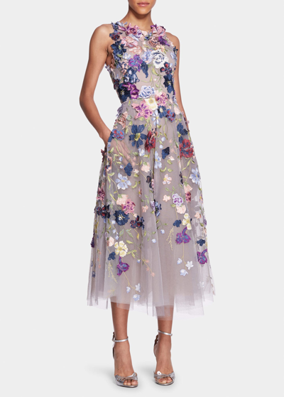 Shop Marchesa Floral Embroidered Applique Tulle Midi Dress In Floral Multi