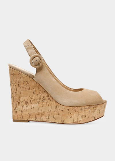 Shop Veronica Beard Dali Suede Slingback Peep-toe Wedge Sandals In Sand-fa-250