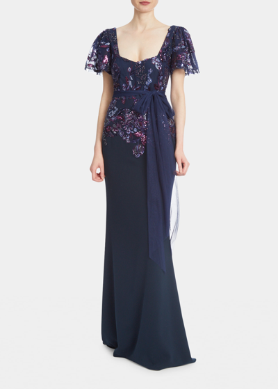 Shop Badgley Mischka Beaded Lace-sleeve A-line Gown In Navy Multi
