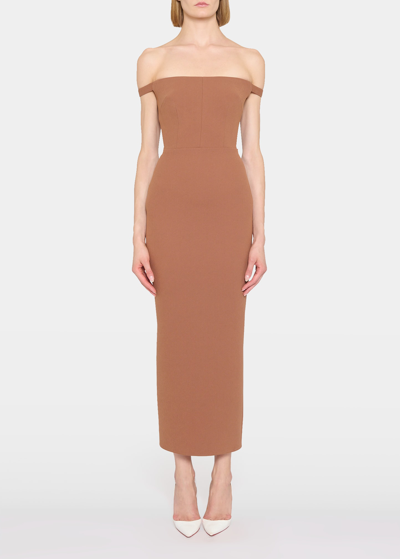 Shop Alex Perry Off-the-shoulder Crepe Body-con Dress In Brown