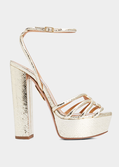 Shop Aquazzura Moon Metallic Ankle-strap Platform Sandals In Platino