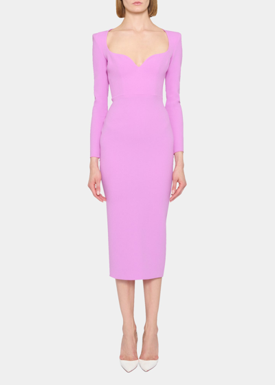 Shop Alex Perry Stretch Crepe Long-sleeve Curved Sweetheart Midi Dress In Orchid