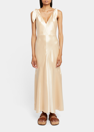 Shop Gabriela Hearst Havilland Silk Midi Dress W/ Tie Details In Champagne