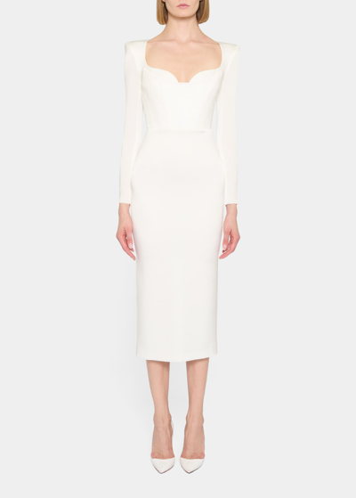 Shop Alex Perry Satin Crepe Long-sleeve Curved Corset Midi Dress In White