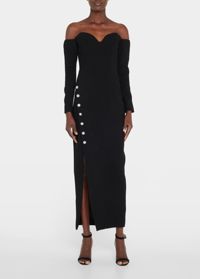 Shop Monique Lhuillier Off-shoulder Gown W Rhinestone Detail Buttons In Noir