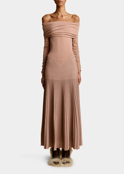 Shop Khaite Rebecca Pleated Off-shoulder Dress In Almond