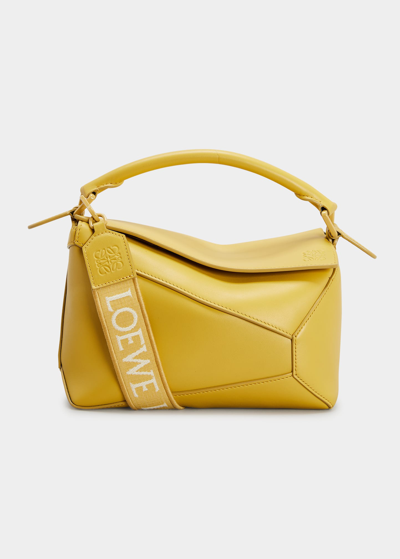 Shop Loewe Puzzle Edge Small Top-handle Bag In Monochrome Satin Leather In Pollen