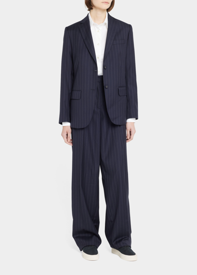 Shop Officine Generale New Sophie Straight Pinstripe Trousers In Navy/white