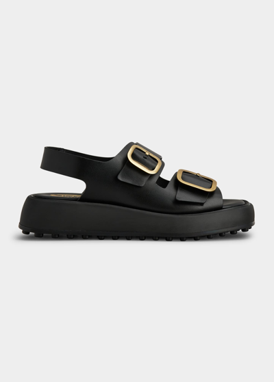 Shop Tod's Calfskin Dual-buckle Sporty Sandals In Black