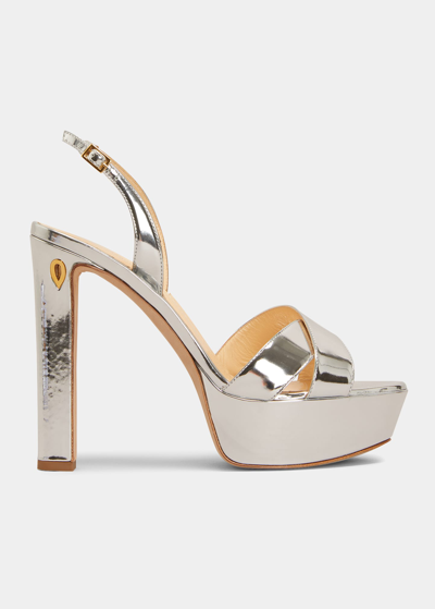 Shop Jennifer Chamandi Leonardo Metallic Slingback Platform Sandals In Silver