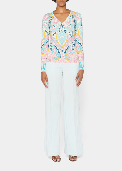 Shop Etro Abstract-print Knit V-neck Top In Light Blu