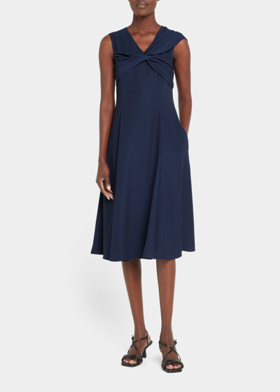 Shop Adeam Francis Twisted-front Fit-and-flare Midi Dress In Dark Navy