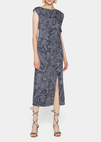 Shop Etro Monochrome Paisley Printed Midi Dress With Ruffle In Navy