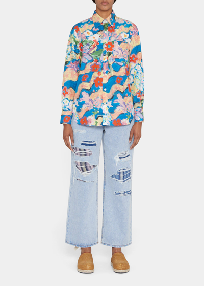 Shop Marni Floral Painting-print Button Down Shirt In Royal Blue