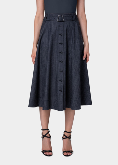Akris Button-front Belted Denim Midi Skirt In Black | ModeSens