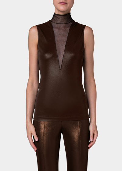 Shop Akris Liquid Jersey Top With Tulle Neck Detail In Copper