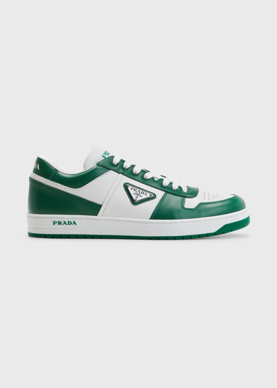 Shop Prada Men's Low-top Leather Downtown Sneakers W/ Logo Plaqu&eacute; In Biancoman