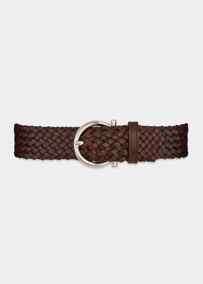 Shop Ferragamo Men's Gancio-buckle Woven Leather Belt In T.moro 412