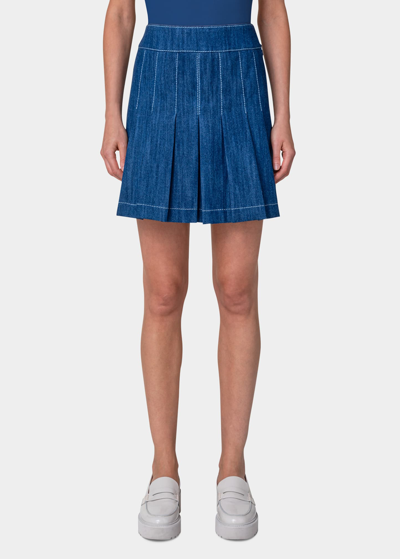 Shop Akris Punto Pleated Denim Mini Skirt In Blue Denim