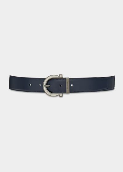 Shop Ferragamo Men's Double Adjustable Gancio Buckle Belt In Blue Marine/nero
