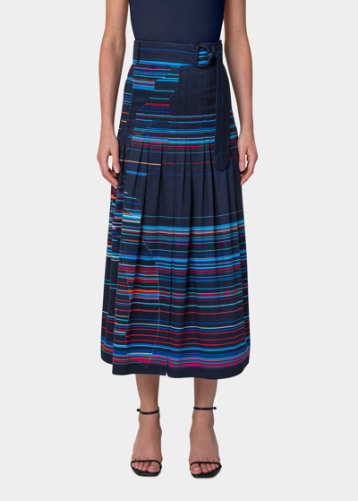 Shop Akris Punto Pleated Stripe Poplin Midi Skirt In Navy-multi