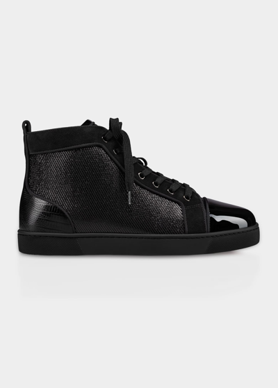 Shop Christian Louboutin Men's Louis Orlato Flat Tonal Mixed Media High-top Sneakers In Black