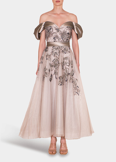 Shop Reem Acra Bead-embellished Off-the-shoulder Tulle Gown In Cement