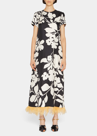 Shop La Doublej Floral-print Silk Swing Dress With Feather Trim In Winter Jasmine