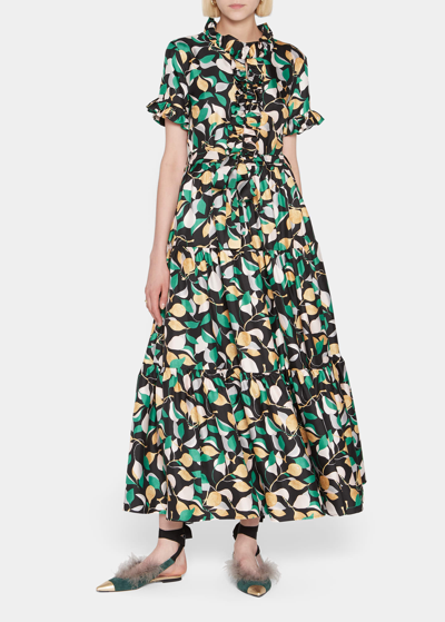 Shop La Doublej Long And Sassy Printed Ruffle-trim Silk Maxi Dress In Orchard