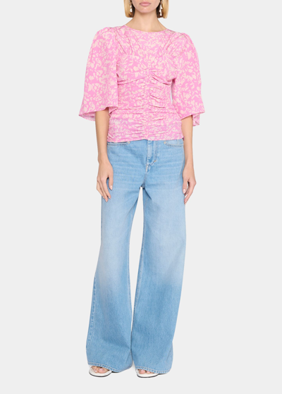 Shop Isabel Marant Lidiane Flutter-sleeve Ruched Blouse In Pink
