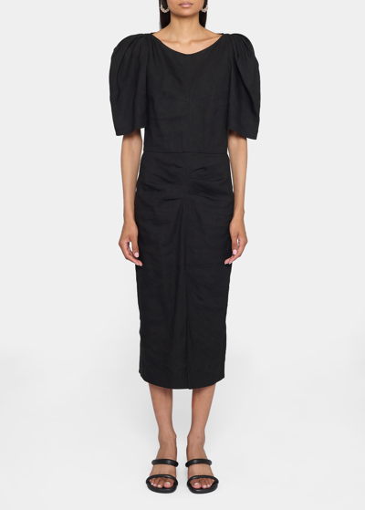 Shop Isabel Marant Flore Puff-sleeve Slit-hem Midi Dress In Black