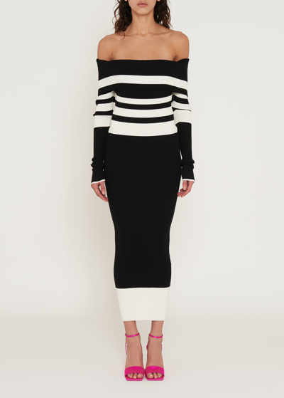 Shop Attico Amalia Striped Off-the-shoulder Knit Midi Dress In White/black