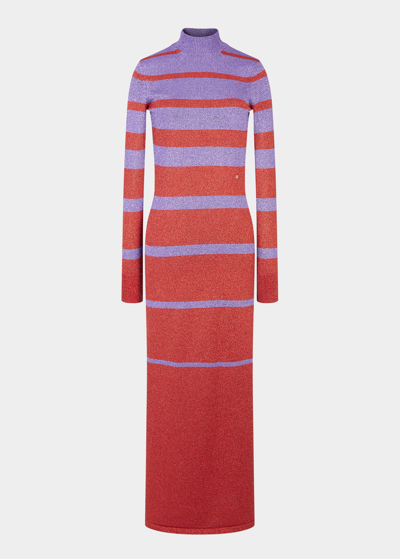 Shop Paco Rabanne Metallic Stripe Knit High-neck Maxi Dress In Purplered