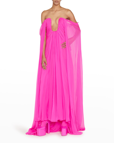 Shop Valentino Plunging Off-the-shoulder Silk Cape Gown In Pink