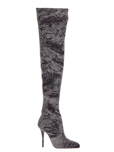 Shop Saint Laurent Velvet Boots In Grey
