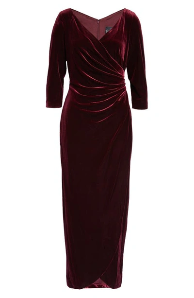 Shop Alex Evenings Ruched Three-quarter Sleeve Velvet Gown In Wine