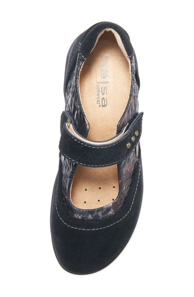 Halsa Footwear Aloe Mary Jane In Black Suede With Foliage