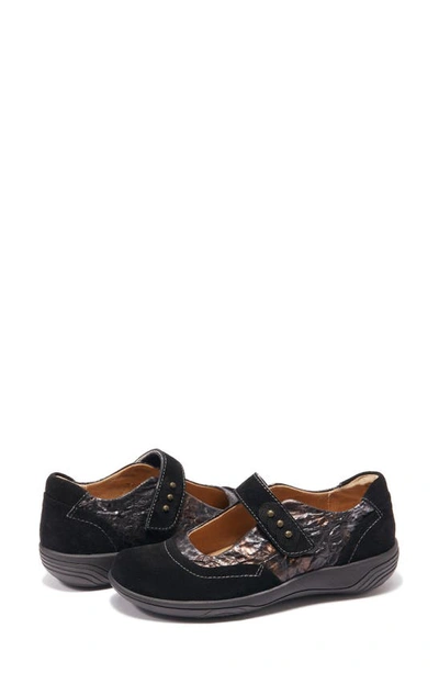 Halsa Footwear Aloe Mary Jane In Black Suede With Foliage