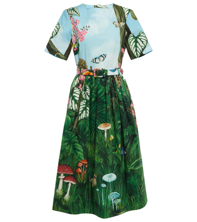 Shop Oscar De La Renta Floral Cotton-blend Midi Dress In Green Multi
