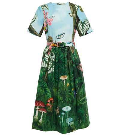 Oscar De La Renta Botanical Forest Print Stretch Poplin Midi Dress In Green Multi