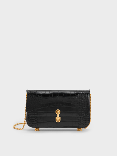 Black Meriah Croc-Embossed Top Handle Bag - CHARLES & KEITH US