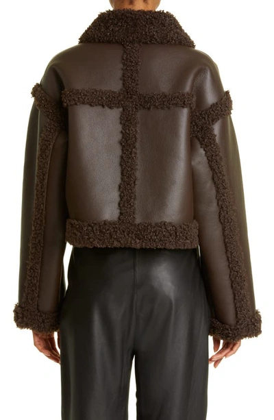 Shop Stand Studio Kristy Double Breasted Faux Leather Crop Jacket With Faux Shearling Trim In Dark Brown