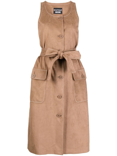 Shop Boutique Moschino Belted Faux Suede Midi Dress In Brown